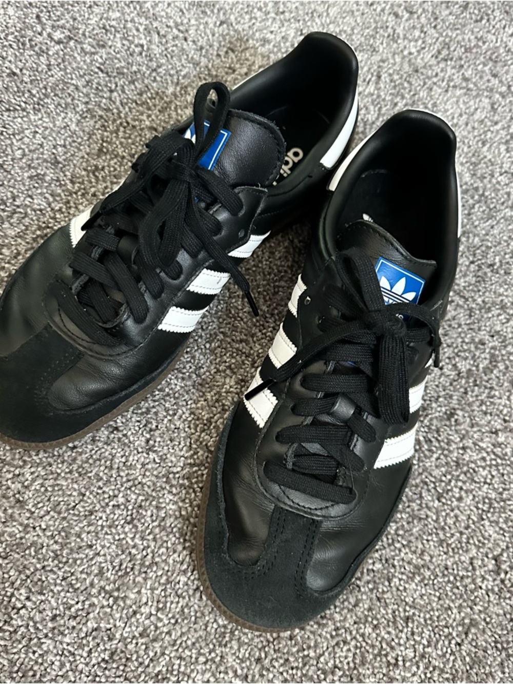 adidas Black Sambas with Brown Gum Soles and White Stripes gently used